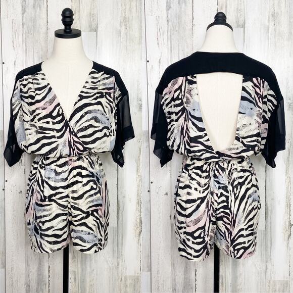 Urban Outfitters Silence + Noise Zebra Print Romper Black Cream Cutout Size S - Picture 1 of 16